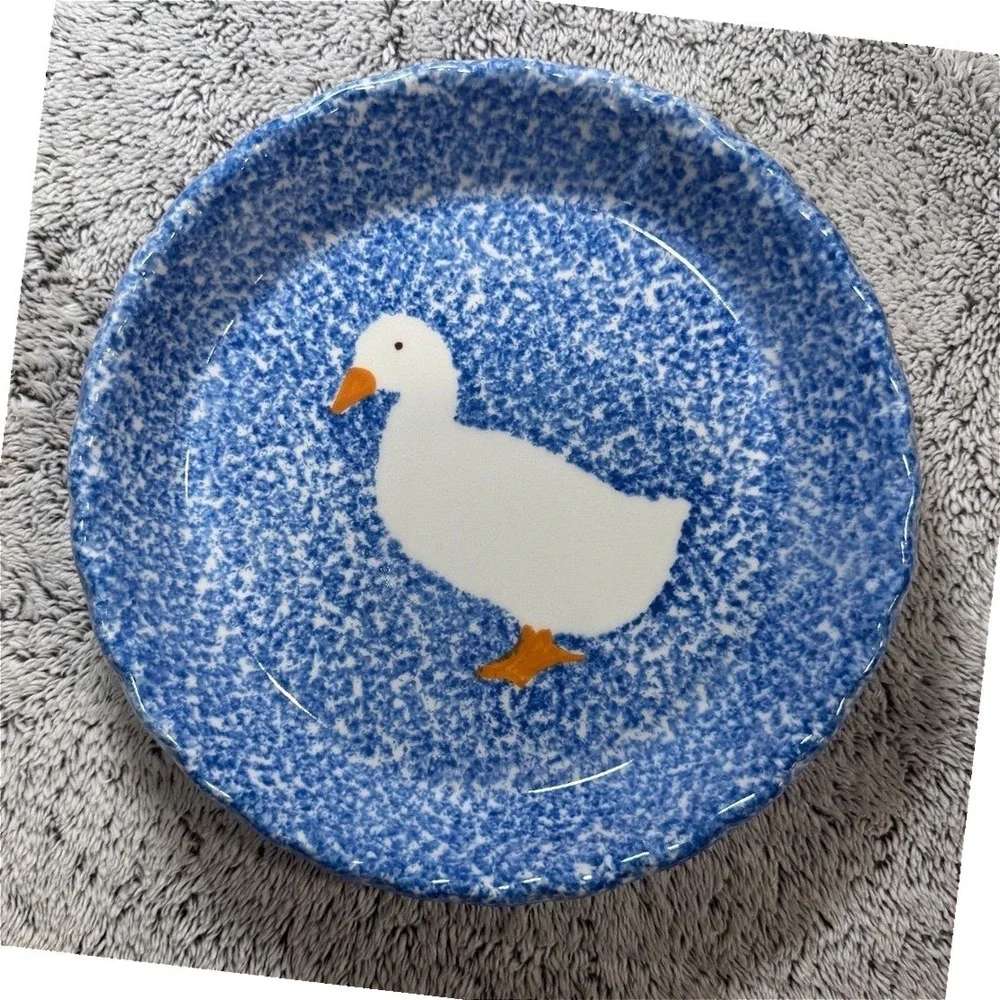 NS Gustin Co Vintage Blue Spongeware Goose Pie Dish Hand Decorated USA 10